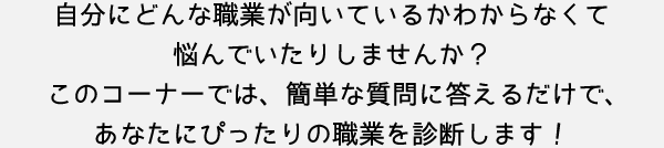 自分にどんな職業が向いているかわからなくて悩んでいたりしませんか？このコーナーでは、簡単な質問に答えるだけで、あなたにぴったりの職業を診断します！